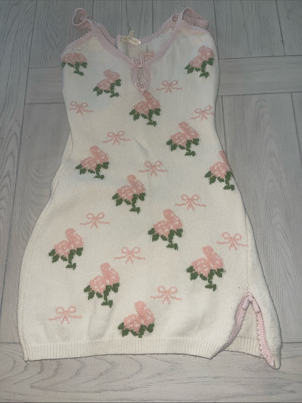 LoveShackFancy White Knit Dress with Pink Floral Bows